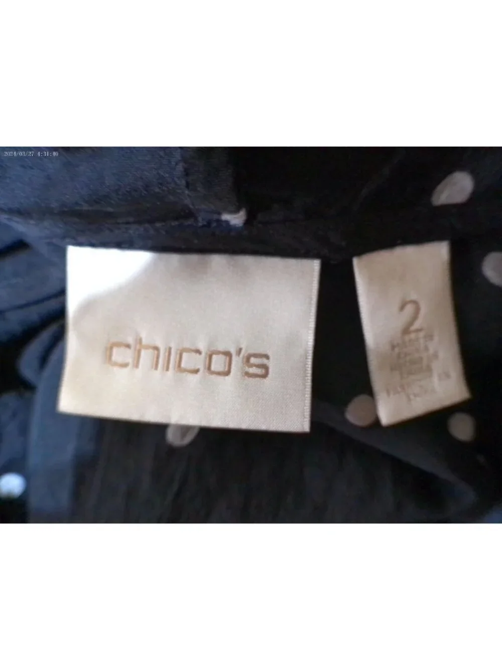 Chico's Blouse Top Black White Dot Adjustable Sleeve Size 2/Large 12